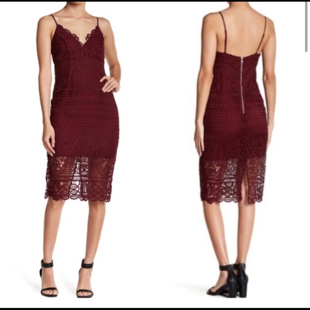 Burgundy Bardot lace midi cocktail dress